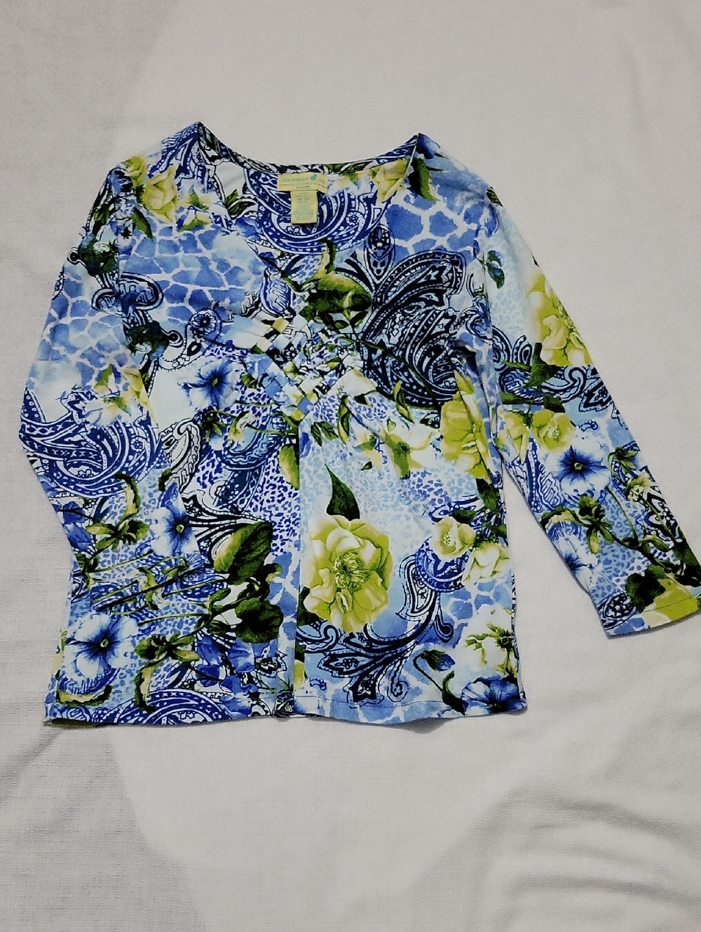 Caribbean Joe Blue Green Floral Top Blouse Petite Small